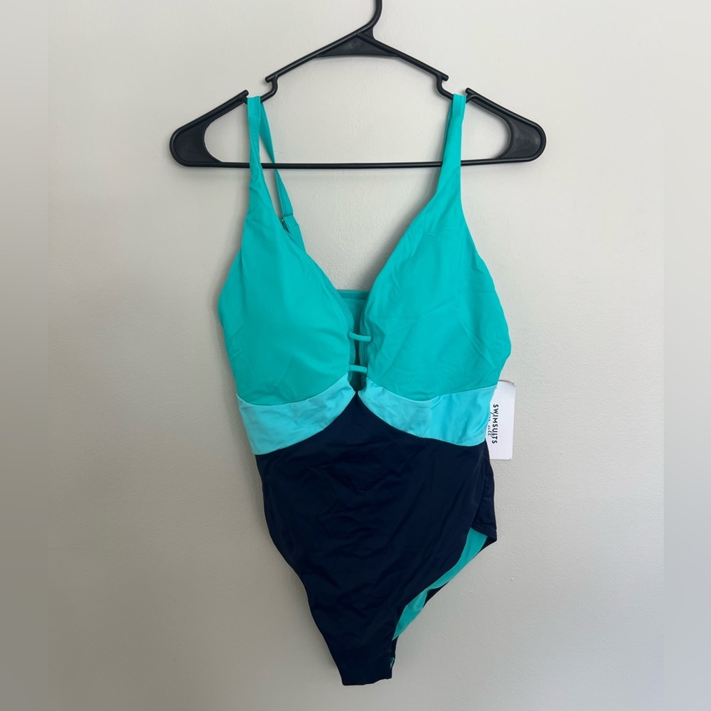 Swimsuits For All Colorblock One Piece Blue Green Plunge Size 12 NWT